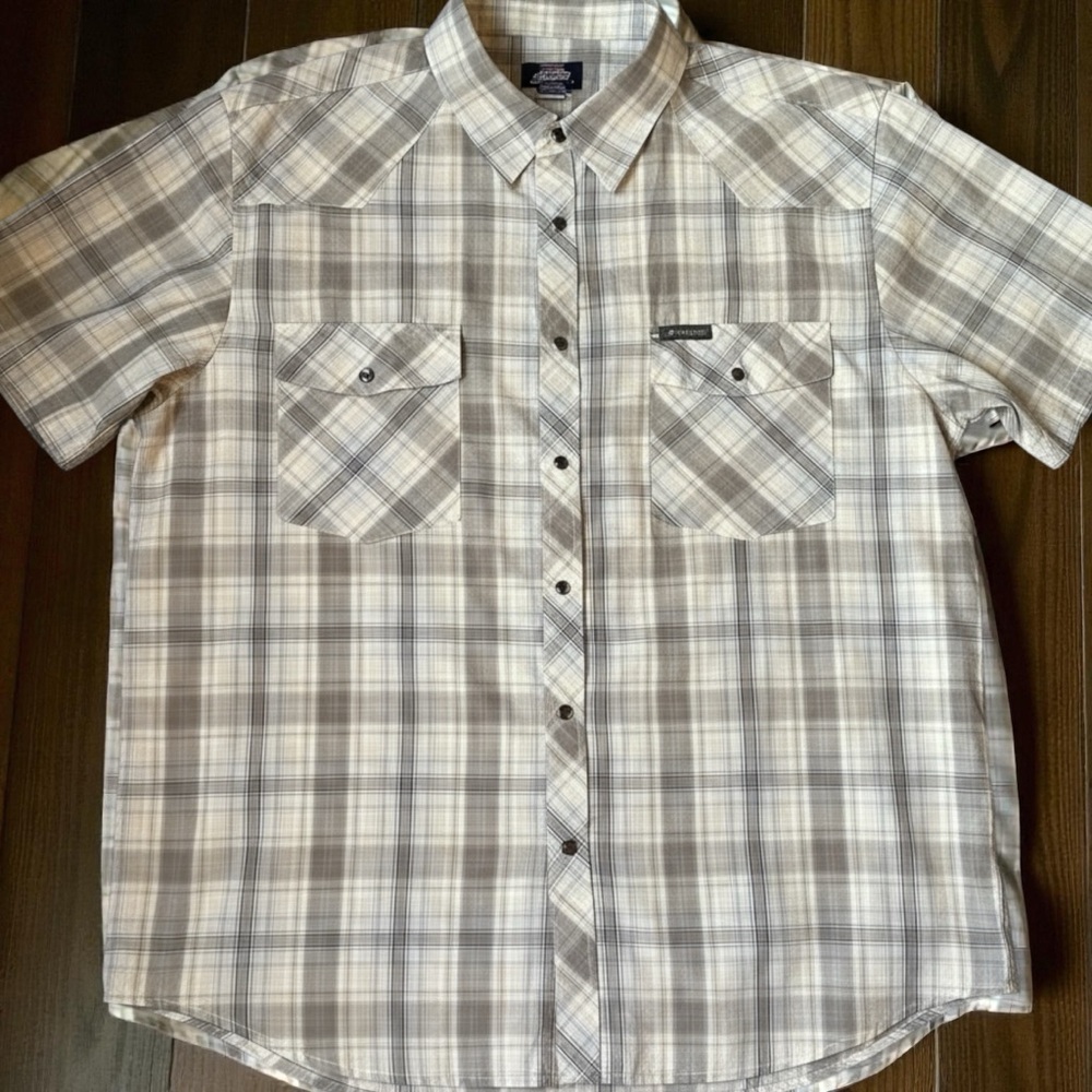 Dickies Authentic Plaid Pearl Snap Western Shirt 2XL Brown Beige Short Sleeve
